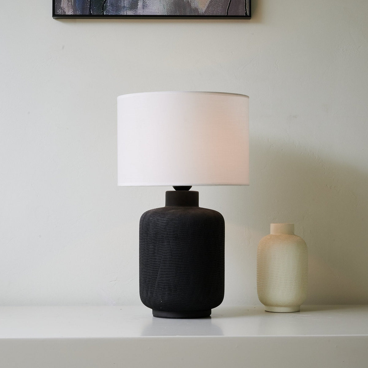 Nocturne Textured Black Ceramic Table Lamp with White Drum Shade