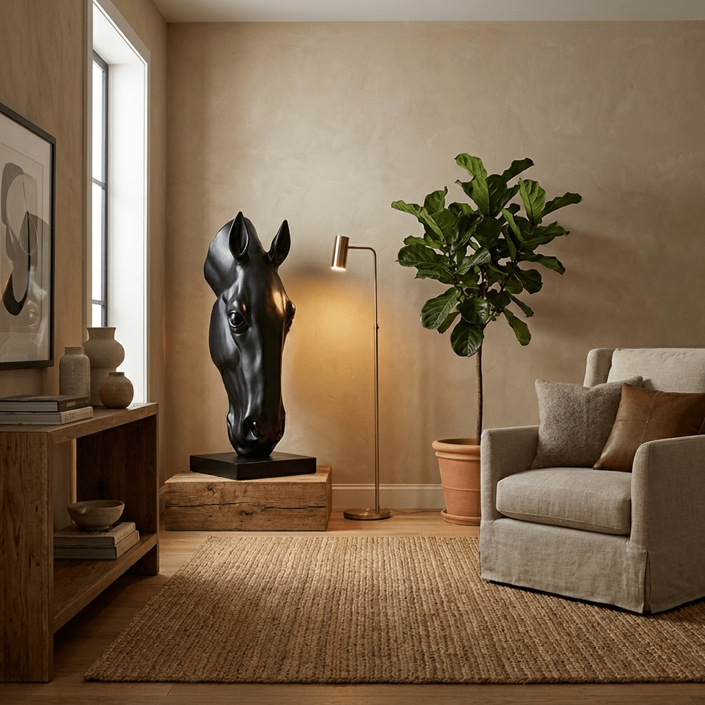 Noir Equine Head Sculpture – Modern Matte Black Horse Bust for Luxury Interiors