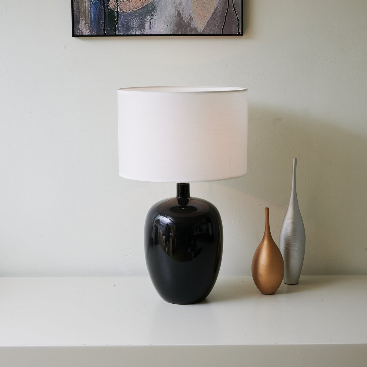 Noir Gloss Table Lamp – Modern Ceramic Bedside Light with White Drum Shade