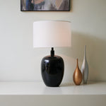 Noir Gloss Table Lamp – Modern Ceramic Bedside Light with White Drum Shade