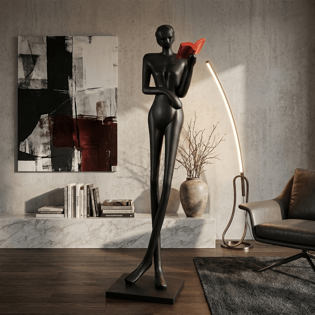 Noir Muse Reading Sculpture – Modern Figurative Art Lamp for Living Spaces