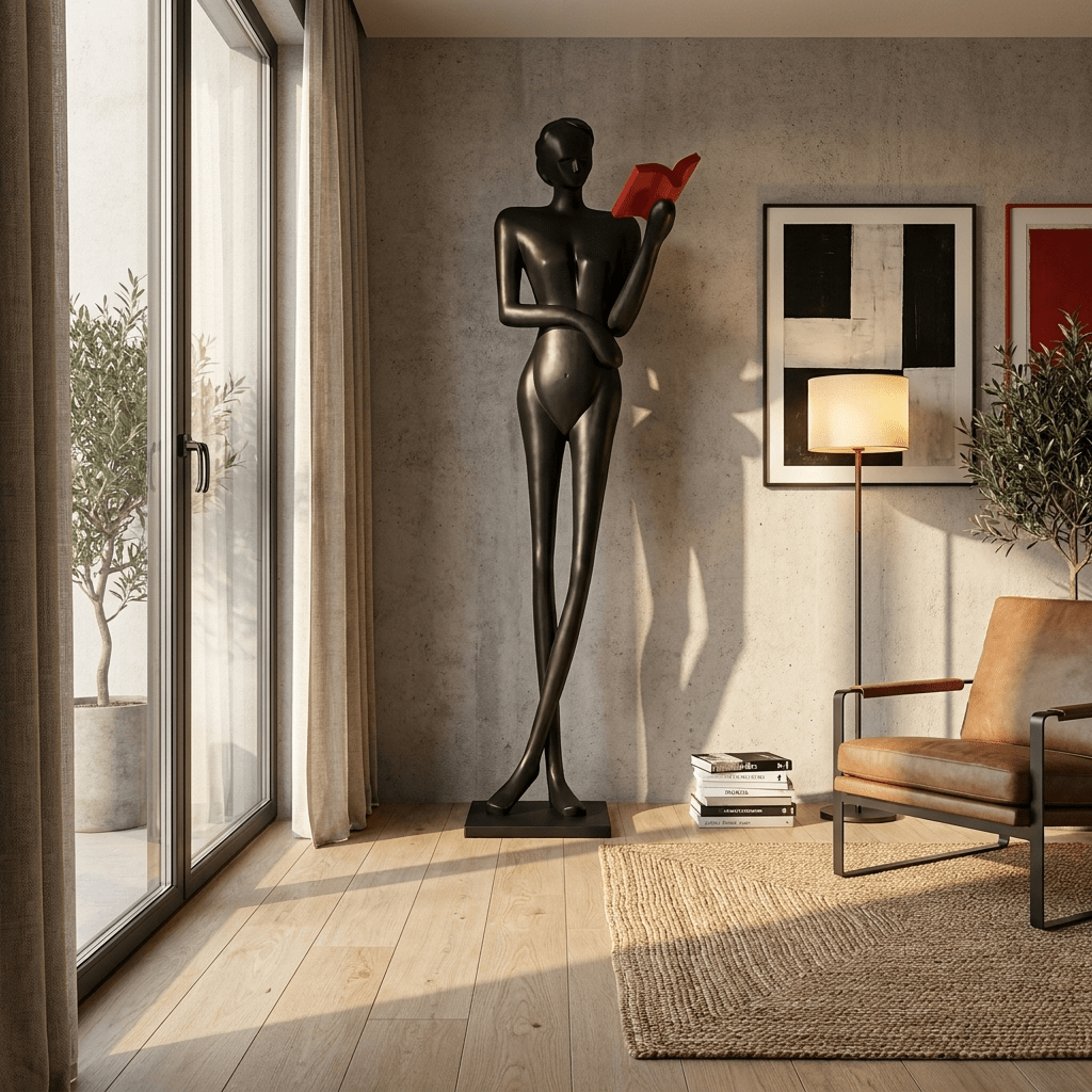 Noir Muse Reading Sculpture – Modern Figurative Art Lamp for Living Spaces