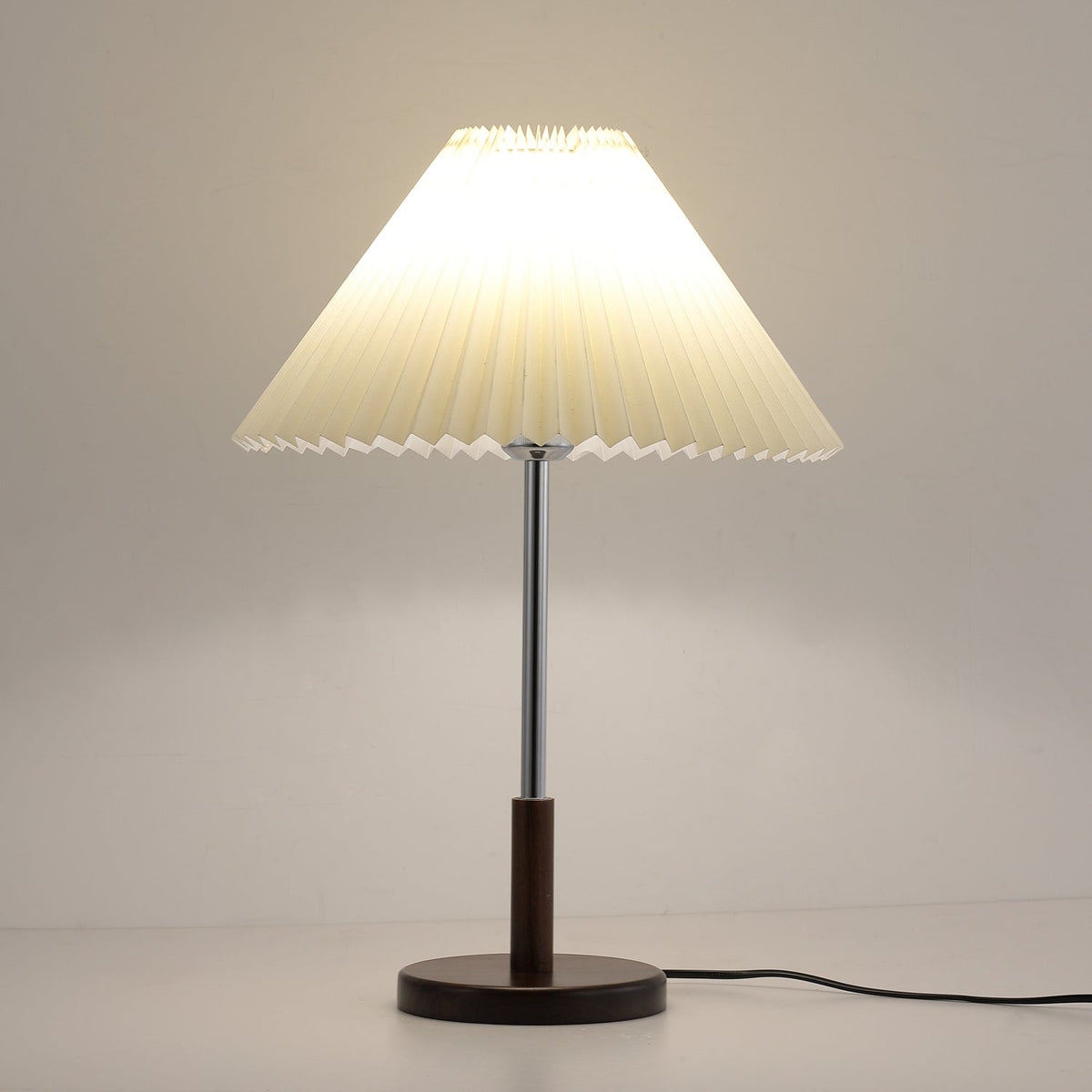 Noora Pleated Table Lamp with Walnut Wood Accent and Chrome Stem