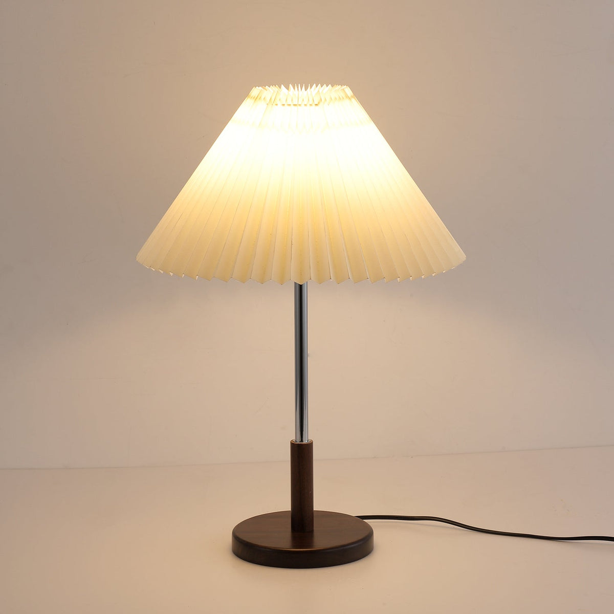 Noora Pleated Table Lamp with Walnut Wood Accent and Chrome Stem