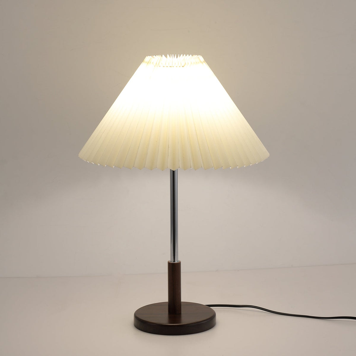 Noora Pleated Table Lamp with Walnut Wood Accent and Chrome Stem