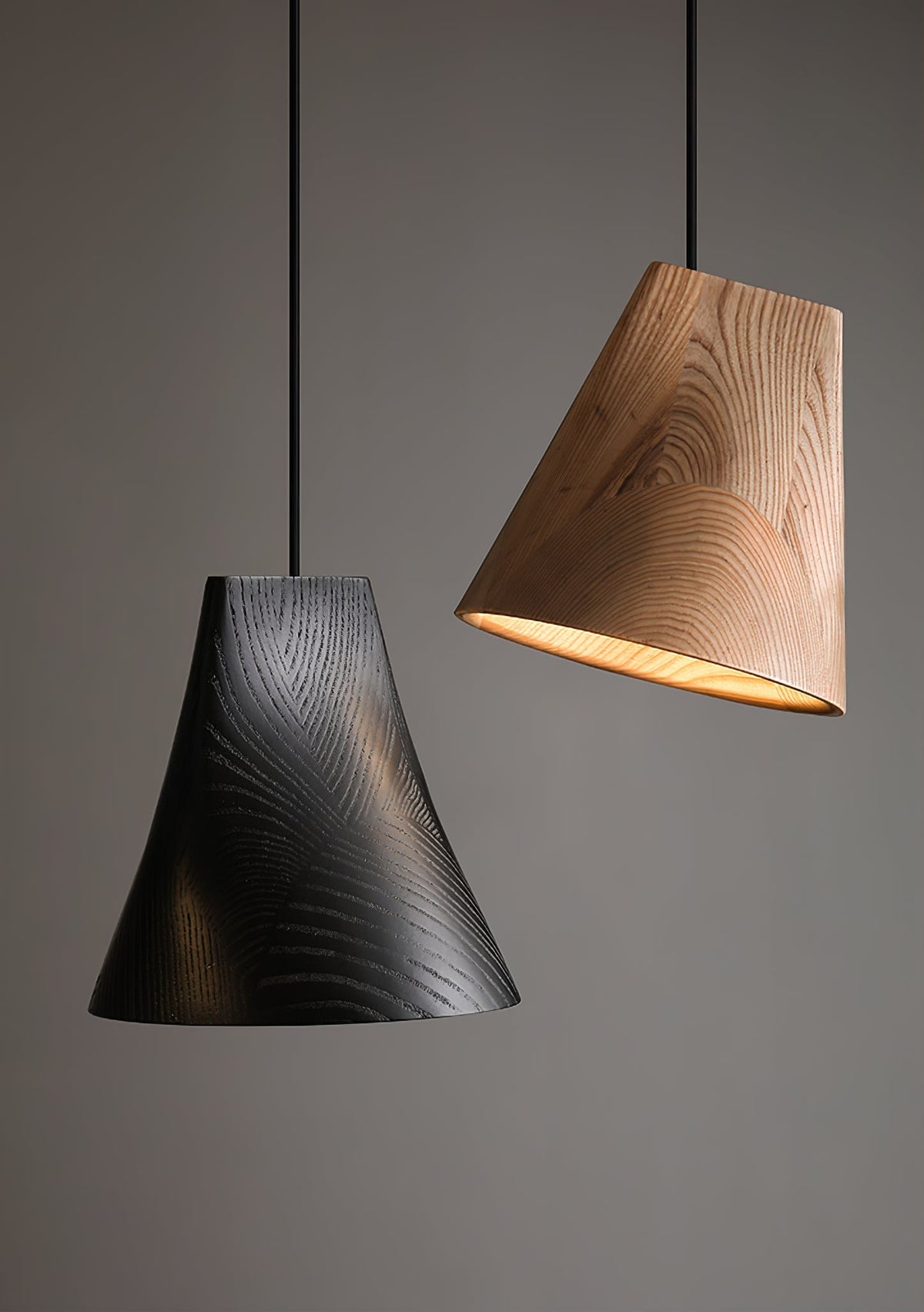 Nordic Tilted Wood Pendant Light – Asymmetric Natural Wood Shade