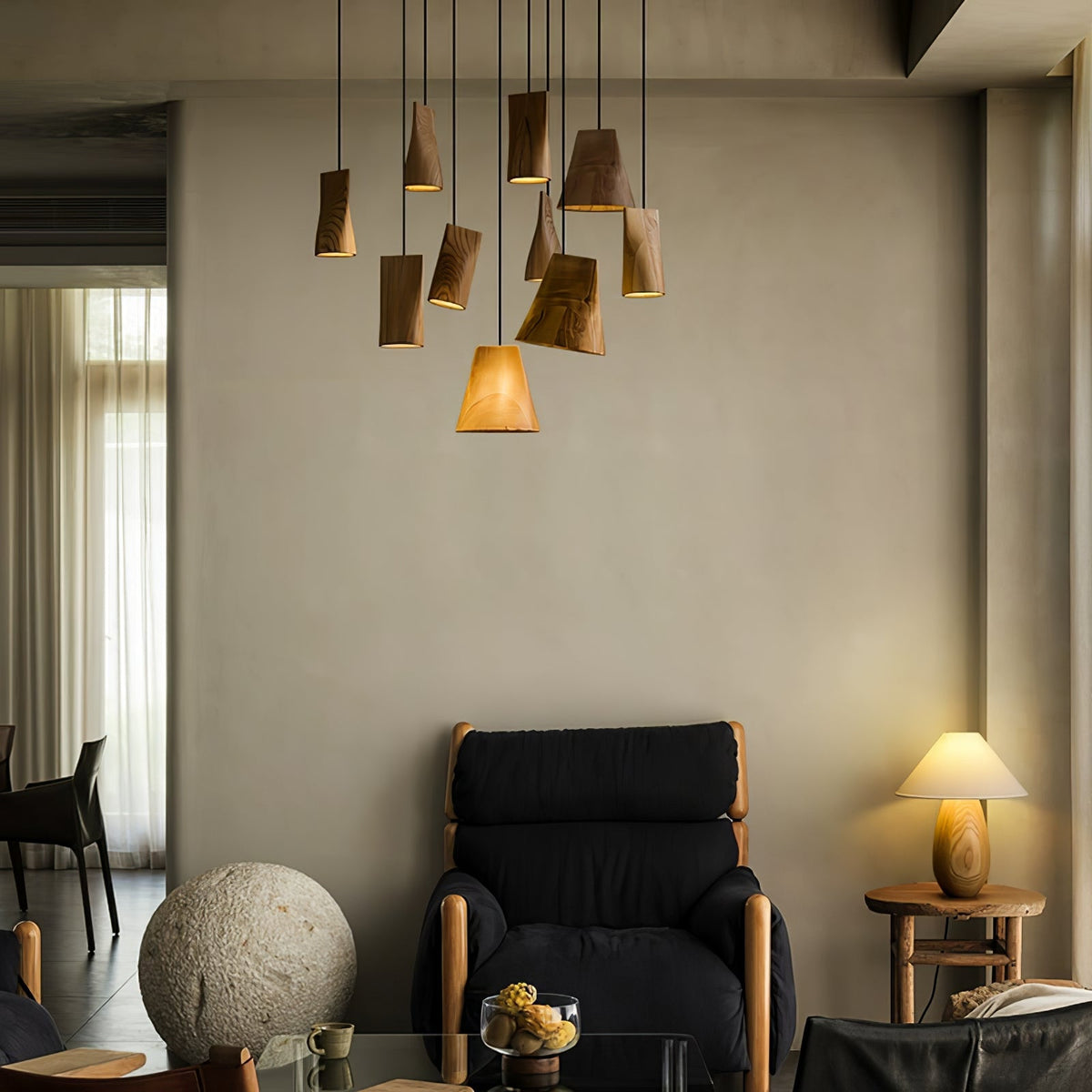 Nordic Tilted Wood Pendant Light – Asymmetric Natural Wood Shade