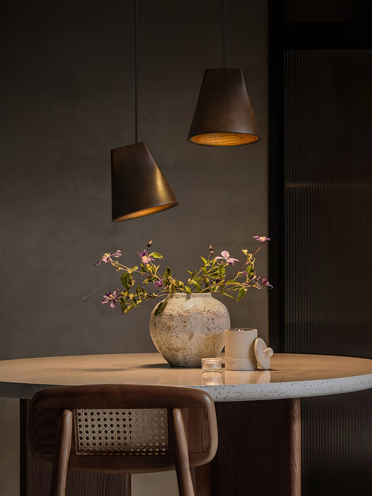 Nordic Tilted Wood Pendant Light – Asymmetric Natural Wood Shade