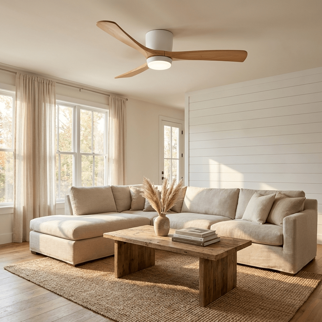 Nordic Wood Ceiling Fan with LED Light – Modern Flush Mount for Living Spaces