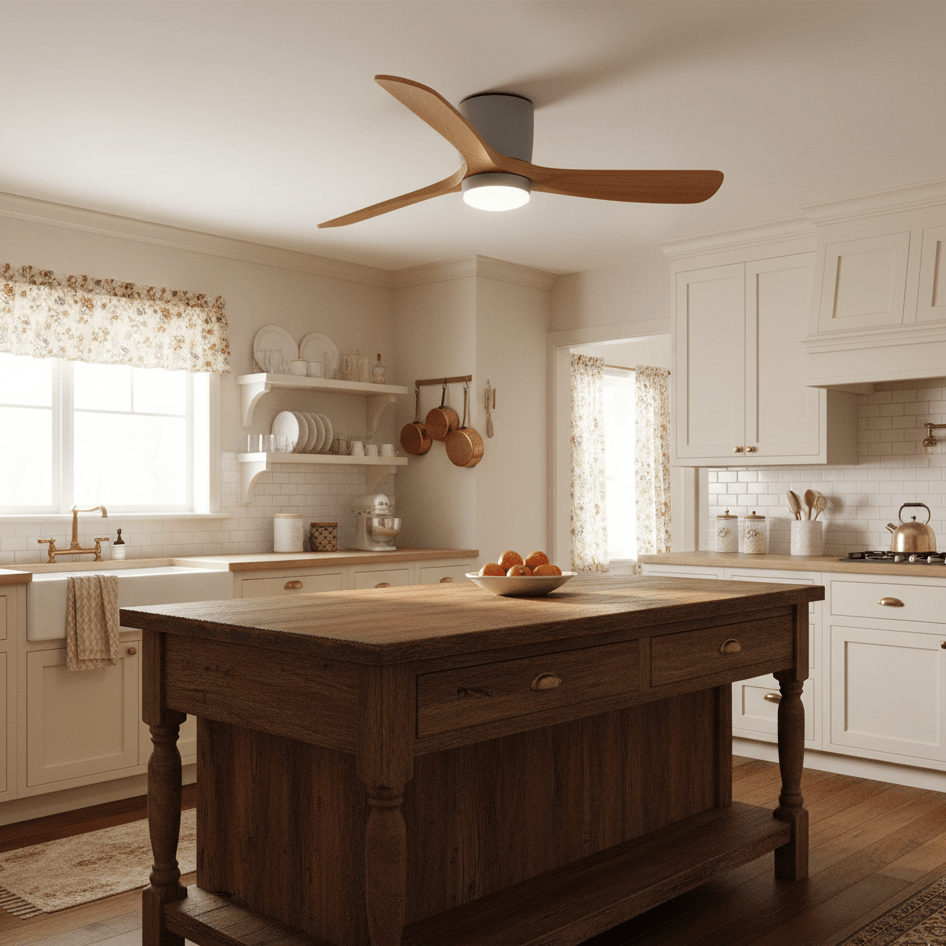 Nordic Wood Ceiling Fan with LED Light – Modern Flush Mount for Living Spaces