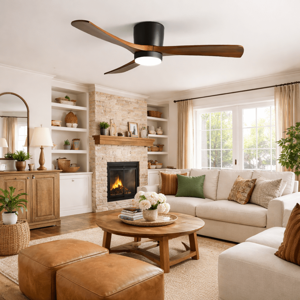 Nordic Wood Ceiling Fan with LED Light – Modern Flush Mount for Living Spaces
