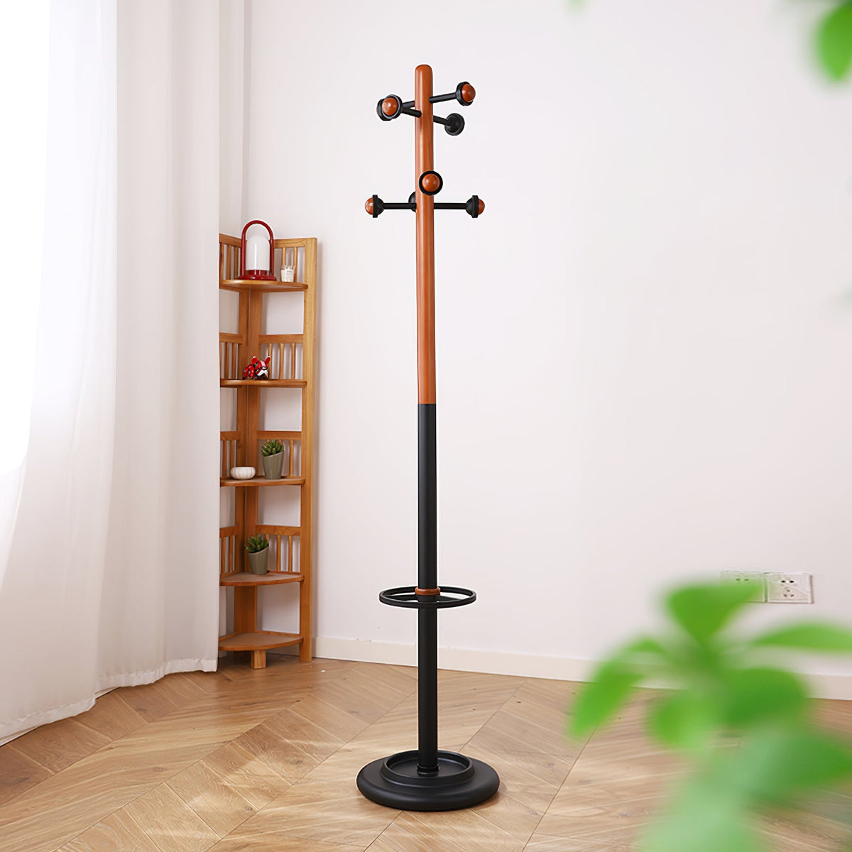 Scandinavian Solid Wood Coat Rack with Black Metal Accents