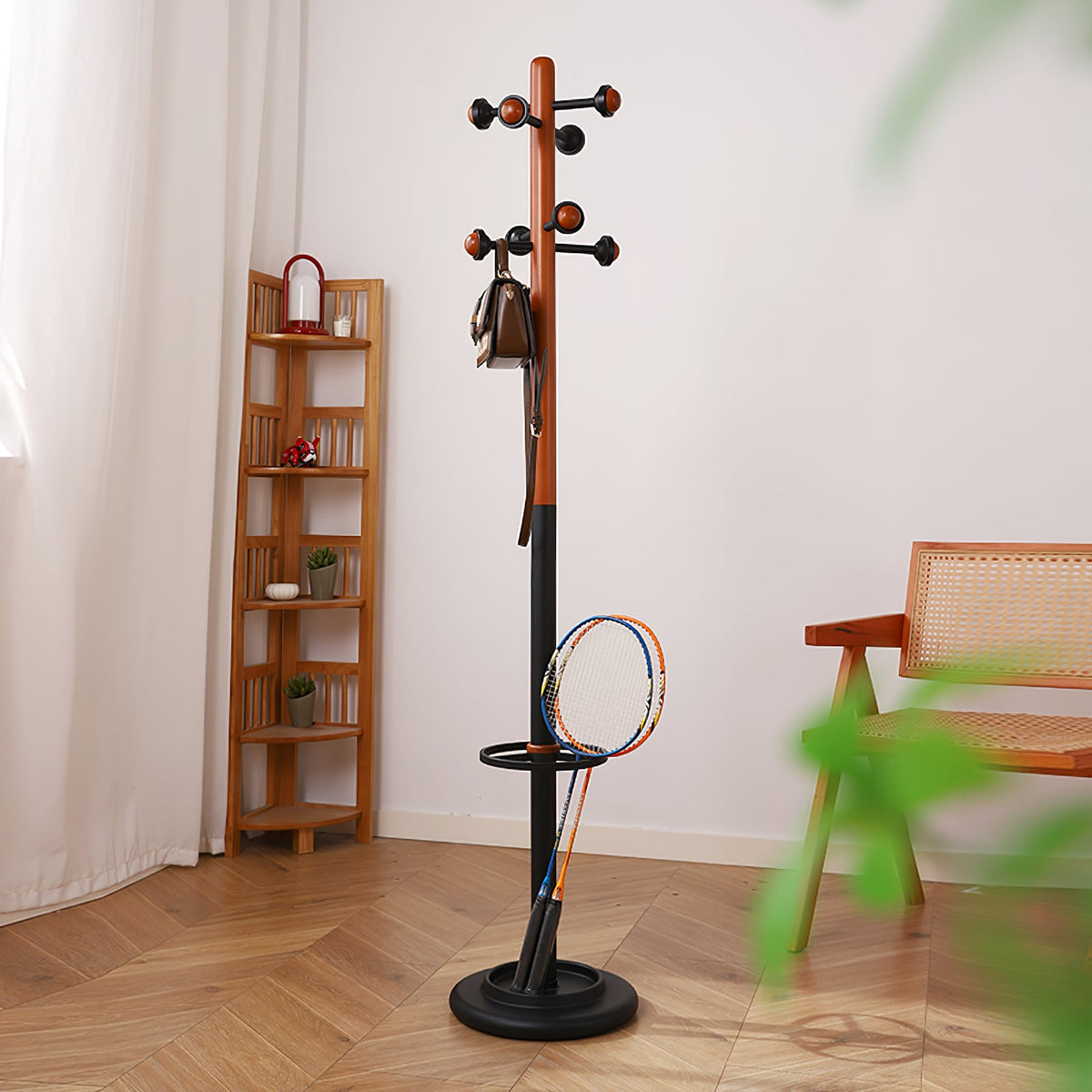 Scandinavian Solid Wood Coat Rack with Black Metal Accents