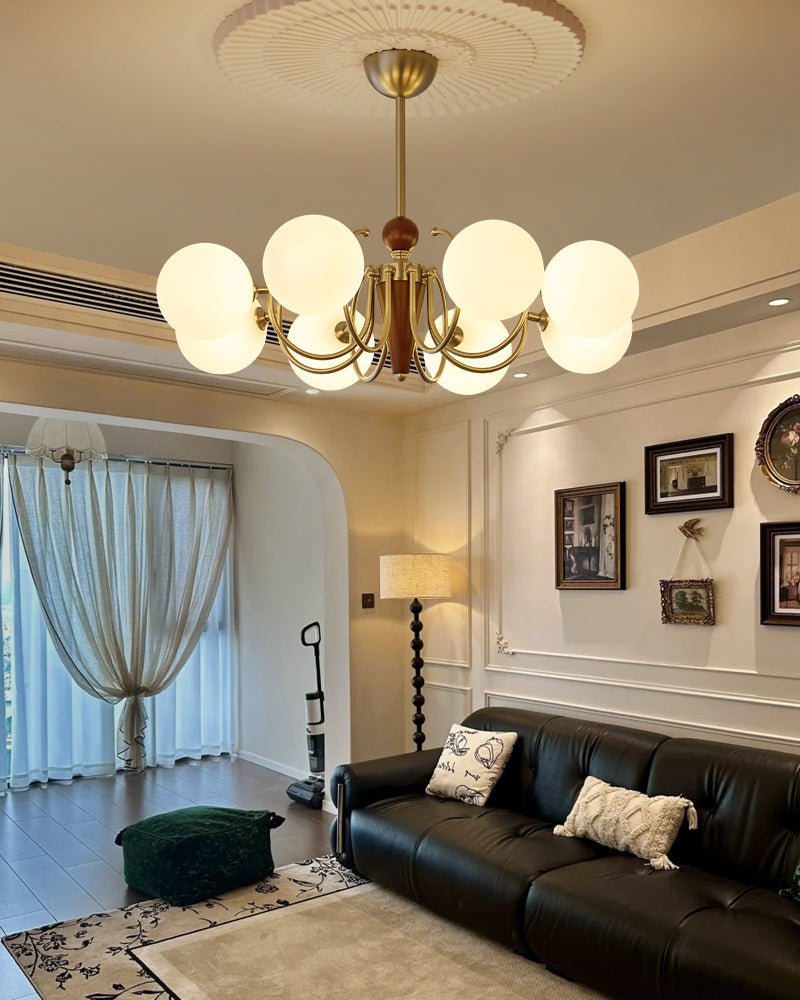 Nova Grove Chandelier – Modern Glass and Walnut Pendant Light