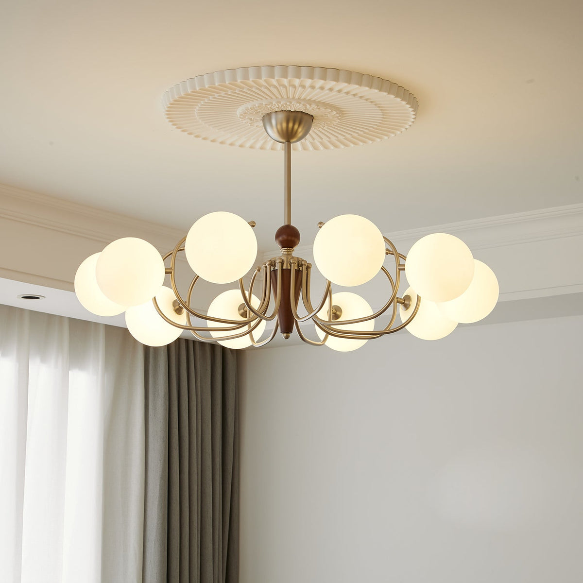 Nova Grove Chandelier – Modern Glass and Walnut Pendant Light