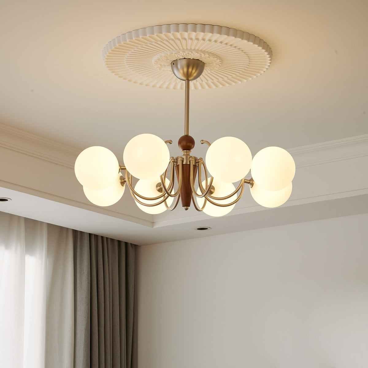 Nova Grove Chandelier – Modern Glass and Walnut Pendant Light