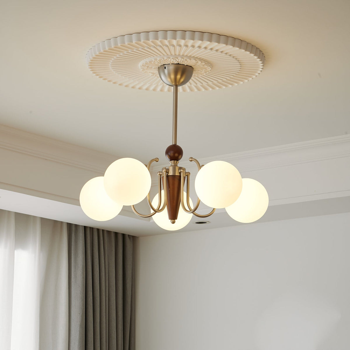 Nova Grove Chandelier – Modern Glass and Walnut Pendant Light