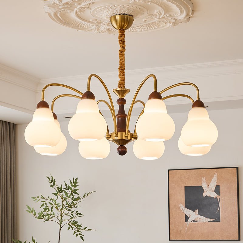 Novelle Chandelier — Modern Glass and Walnut Wood Pendant Light for Dining Room and Living Room