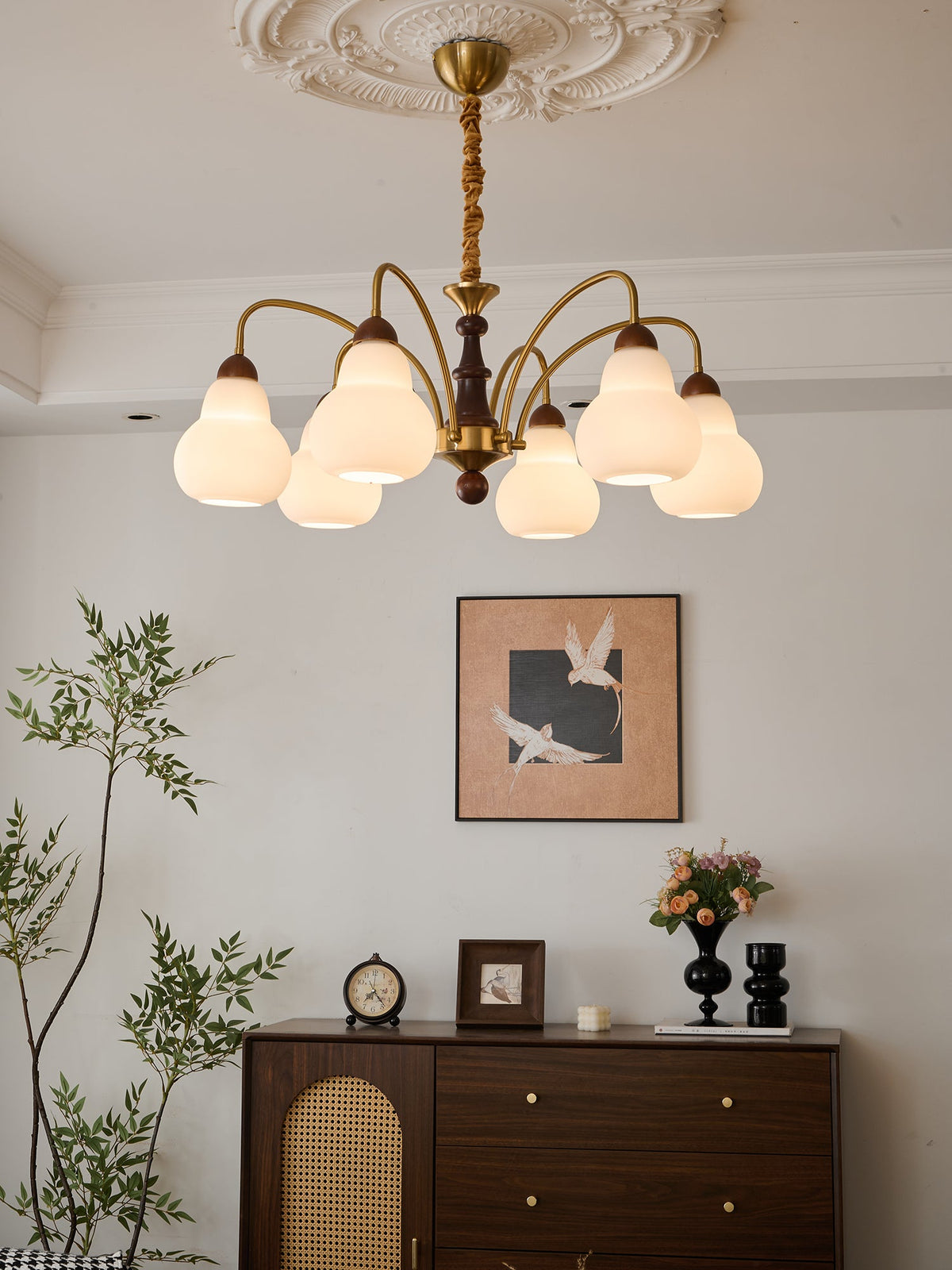 Novelle Chandelier — Modern Glass and Walnut Wood Pendant Light for Dining Room and Living Room