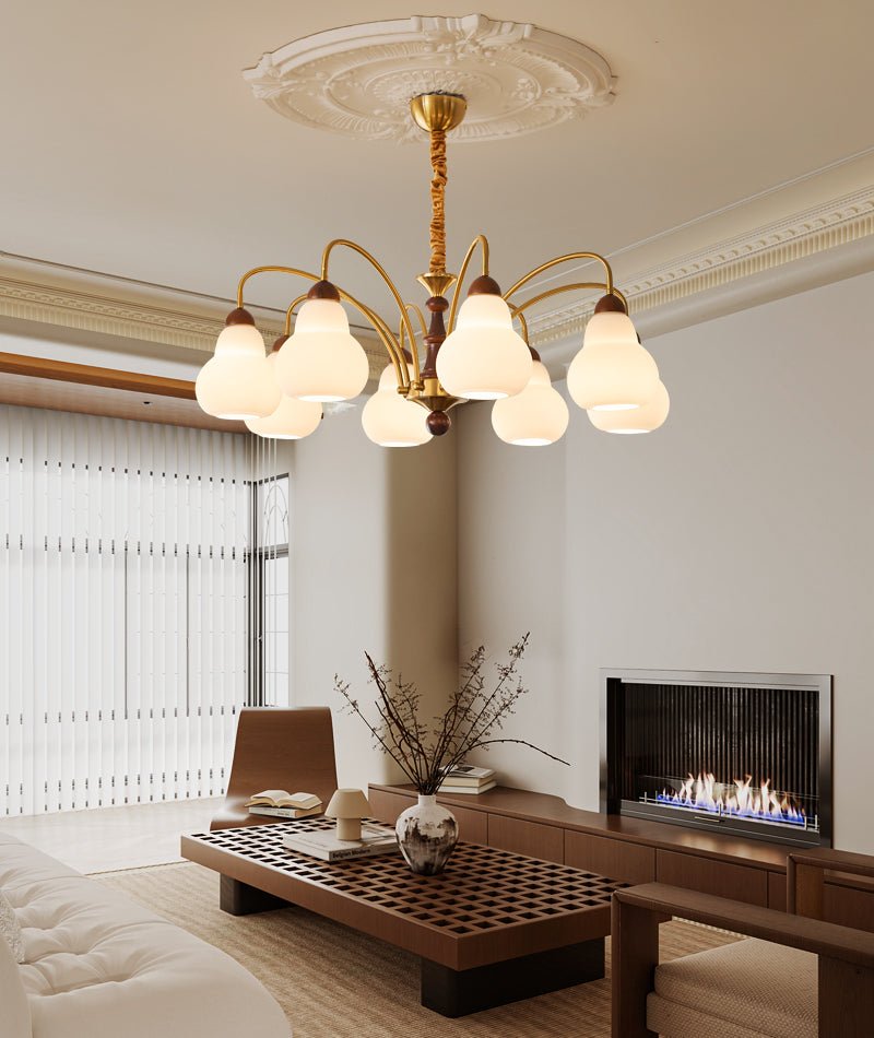 Novelle Chandelier — Modern Glass and Walnut Wood Pendant Light for Dining Room and Living Room