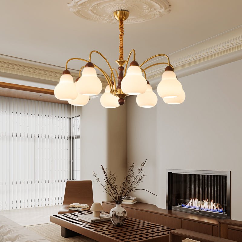 Novelle Chandelier — Modern Glass and Walnut Wood Pendant Light for Dining Room and Living Room
