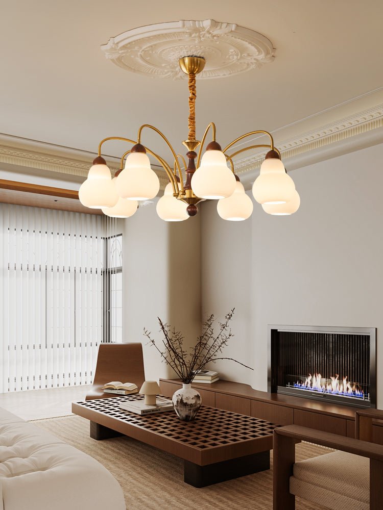 Novelle Chandelier — Modern Glass and Walnut Wood Pendant Light for Dining Room and Living Room
