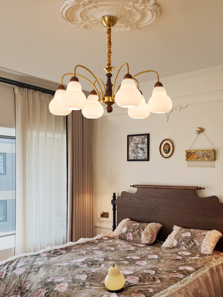 Novelle Chandelier — Modern Glass and Walnut Wood Pendant Light for Dining Room and Living Room