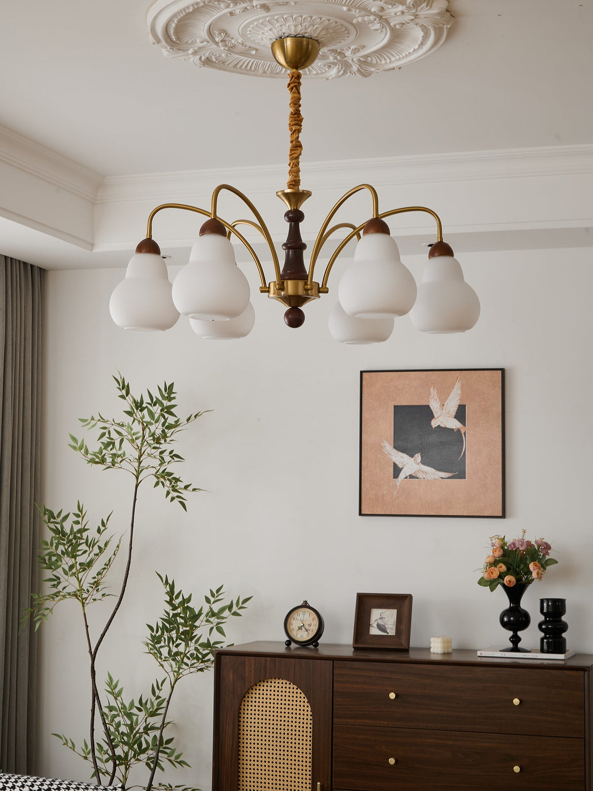 Novelle Chandelier — Modern Glass and Walnut Wood Pendant Light for Dining Room and Living Room