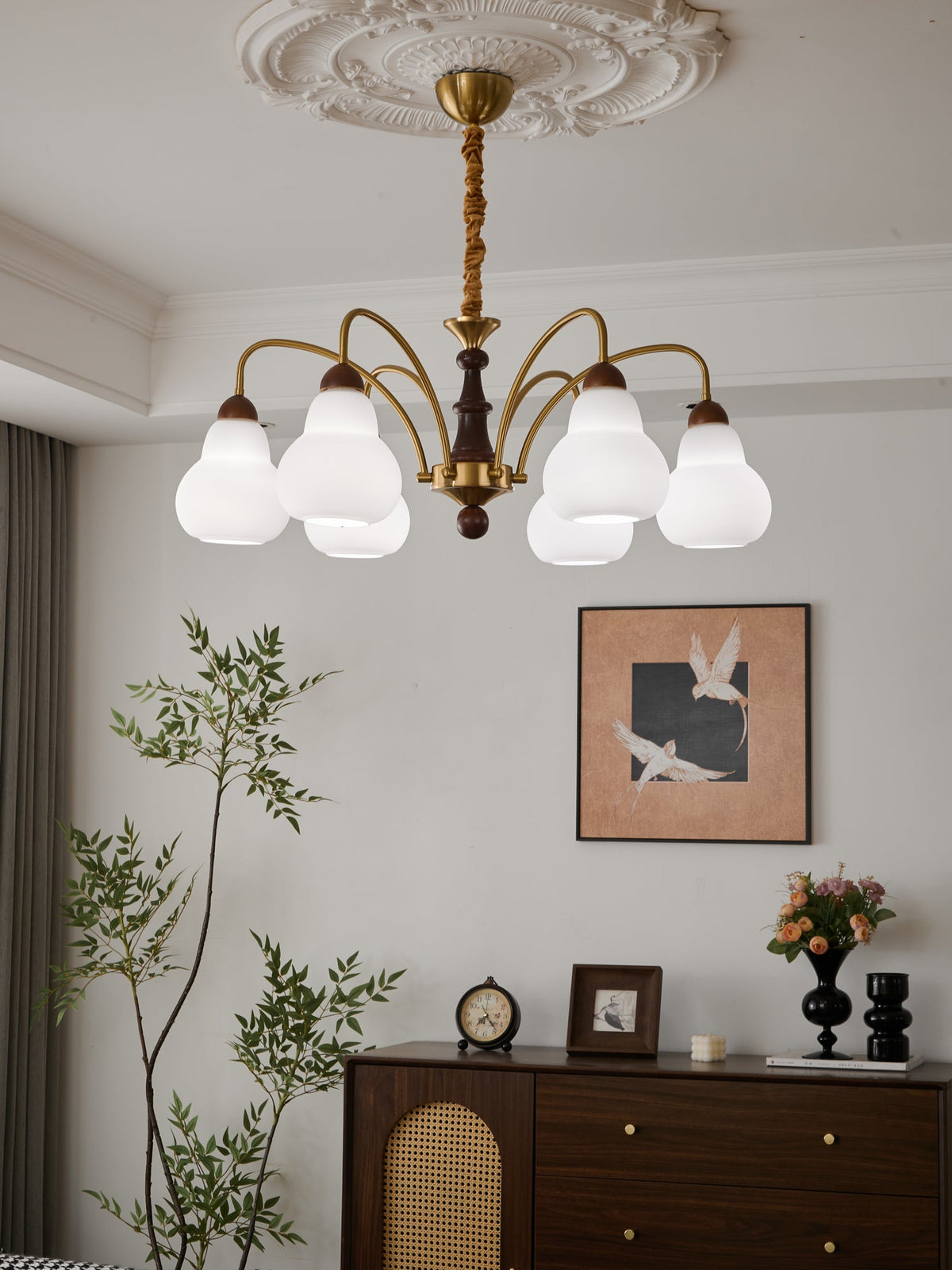 Novelle Chandelier — Modern Glass and Walnut Wood Pendant Light for Dining Room and Living Room