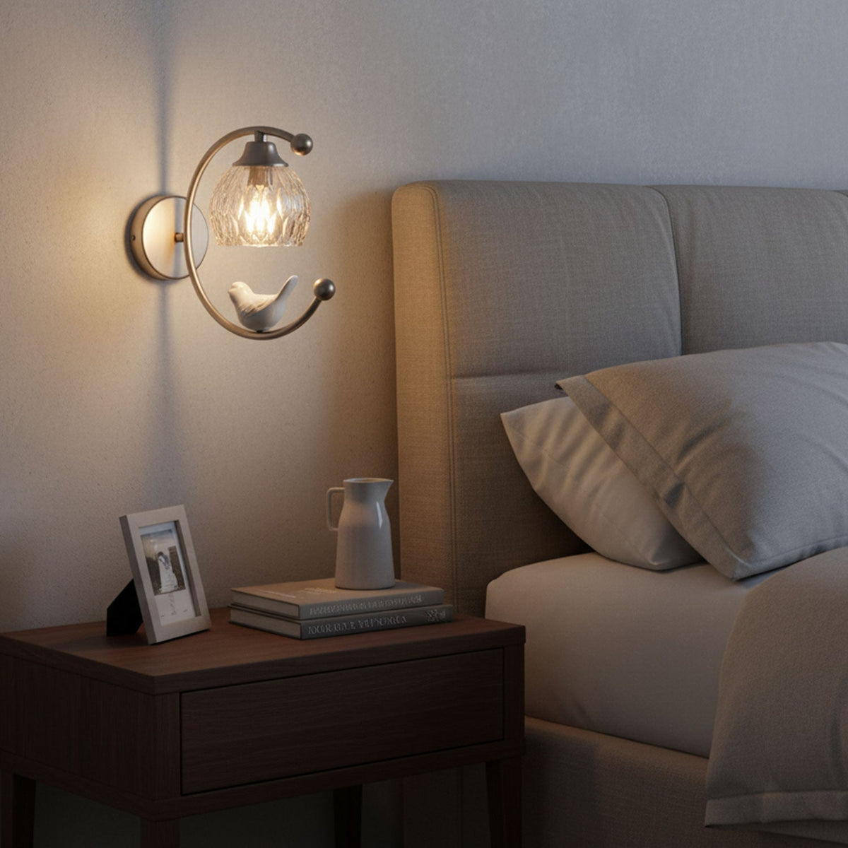 Nuvia Bird Wall Sconce in Brass and Glass | Designer Bedroom Lighting