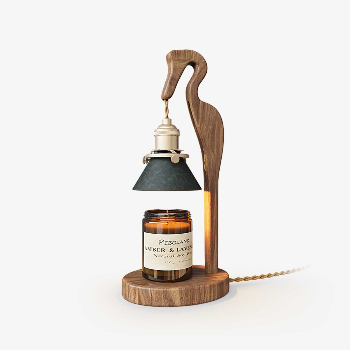 Walnut Heron Sculptural Table Lamp with Candle Warmer – Brass & Forest Green