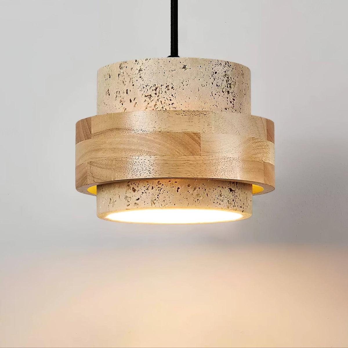 Liora Travertine Pendant Light – Natural Stone & Wood Designer Hanging Lamp