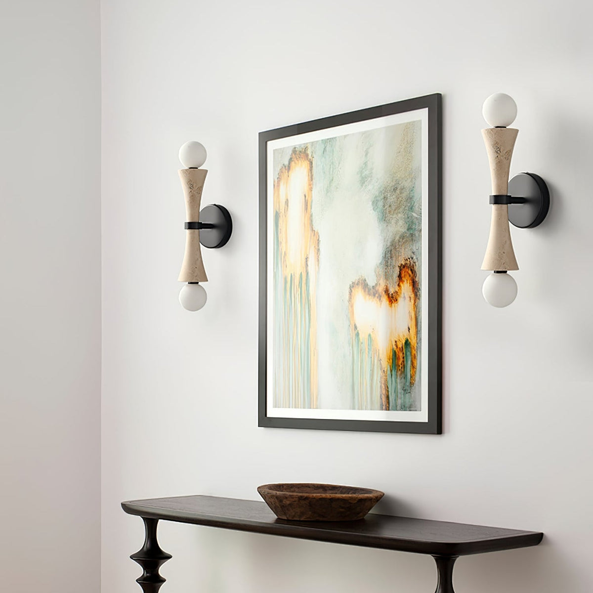 Obel Wall Sconce in Yellow Travertine with Opal Glass Globes
