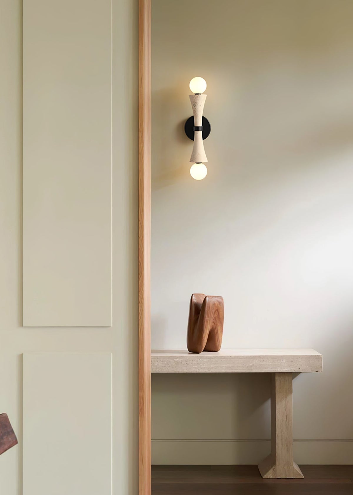 Obel Wall Sconce in Yellow Travertine with Opal Glass Globes