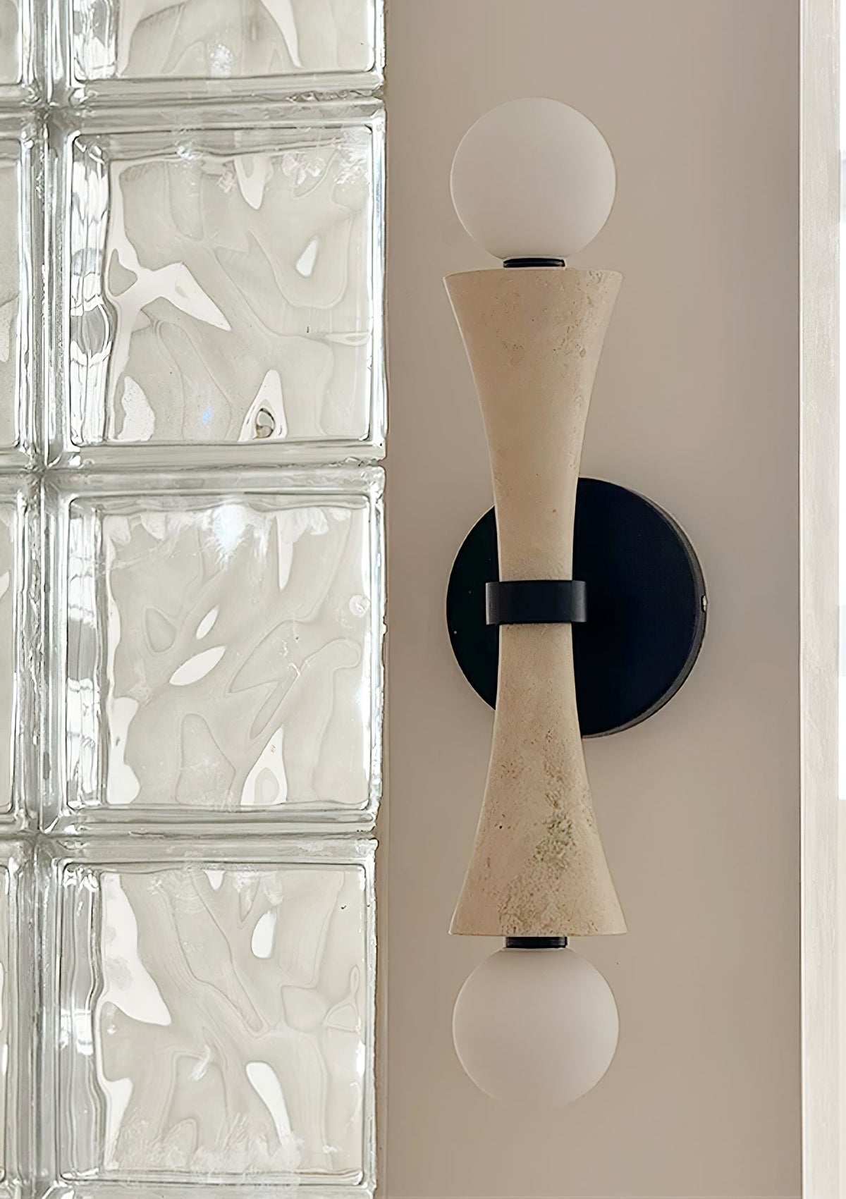 Obel Wall Sconce in Yellow Travertine with Opal Glass Globes