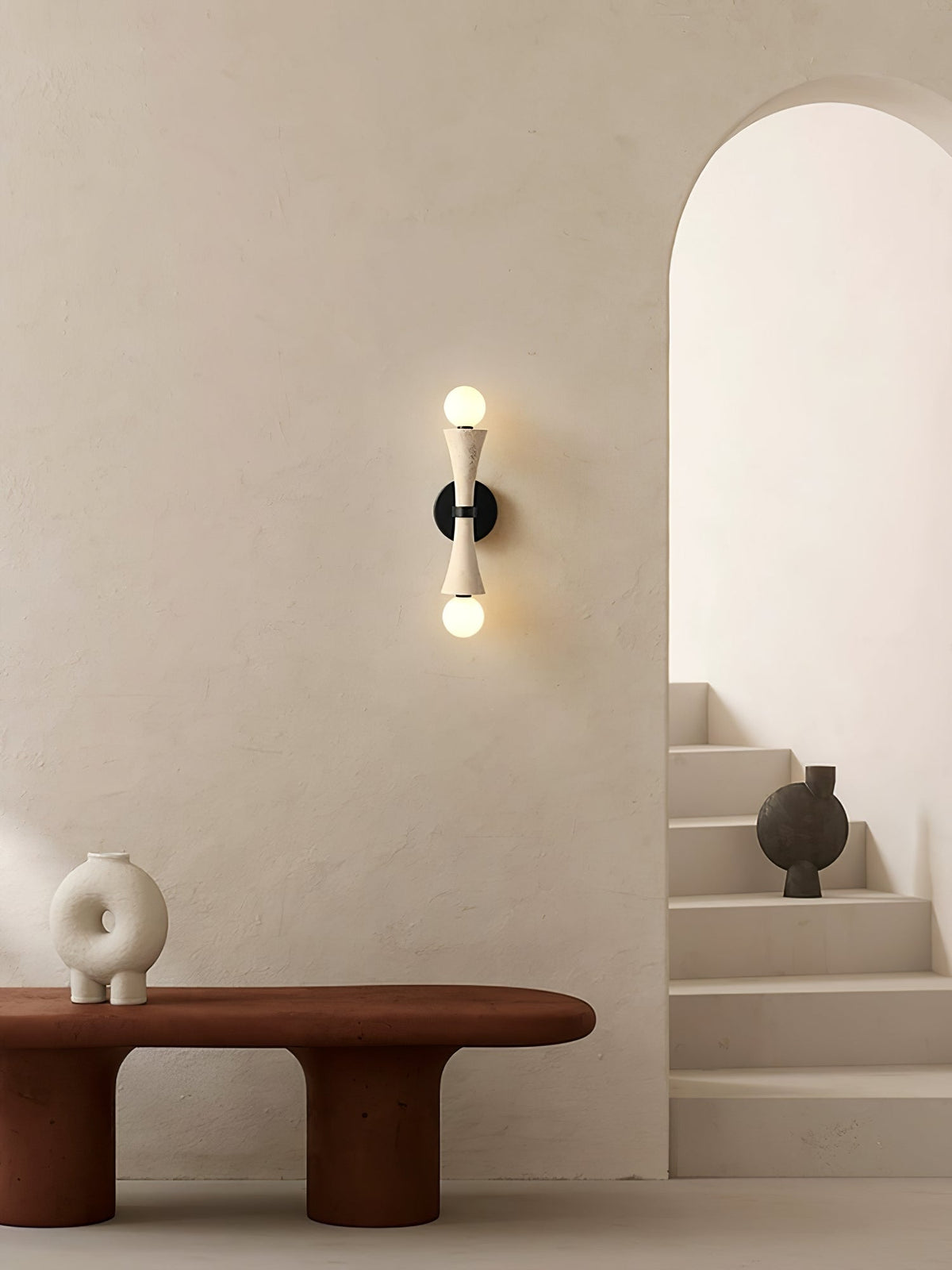 Obel Wall Sconce in Yellow Travertine with Opal Glass Globes