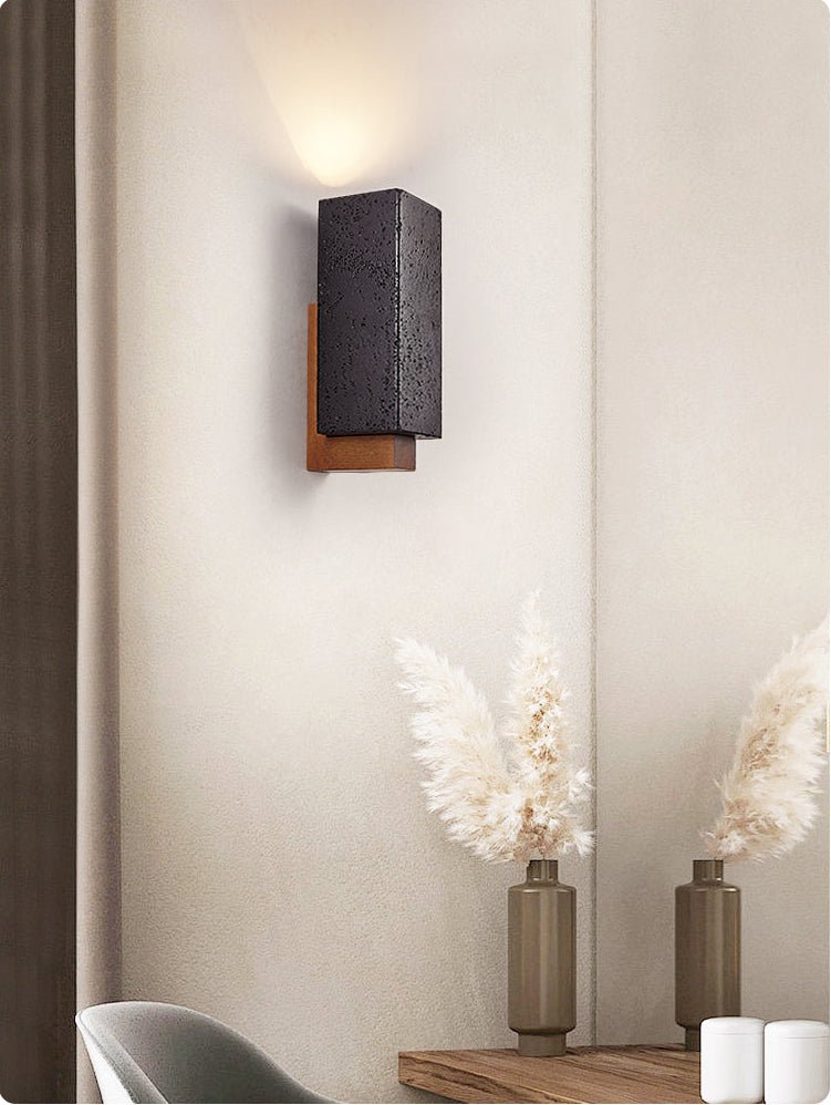 Obsidian Glow Wall Sconce — Black Travertine & Walnut Geometric Wall Light
