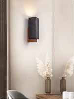 Obsidian Glow Wall Sconce — Black Travertine & Walnut Geometric Wall Light
