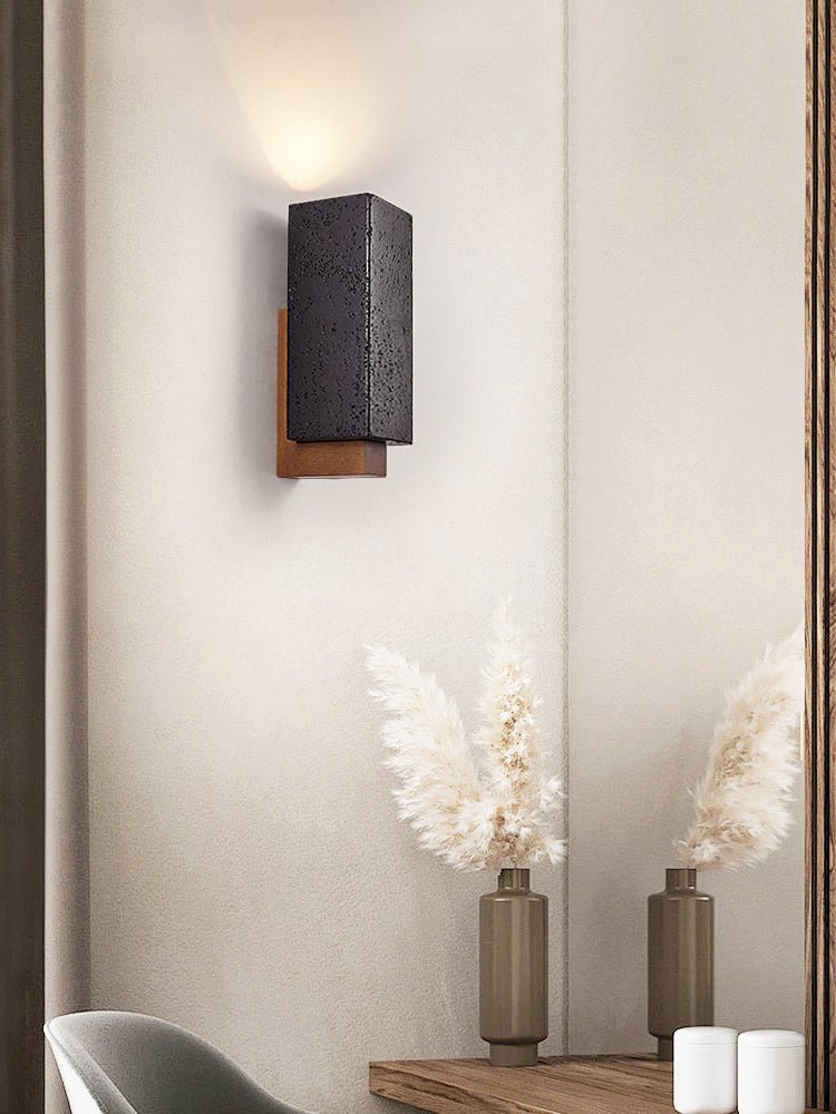 Obsidian Glow Wall Sconce — Black Travertine & Walnut Geometric Wall Light