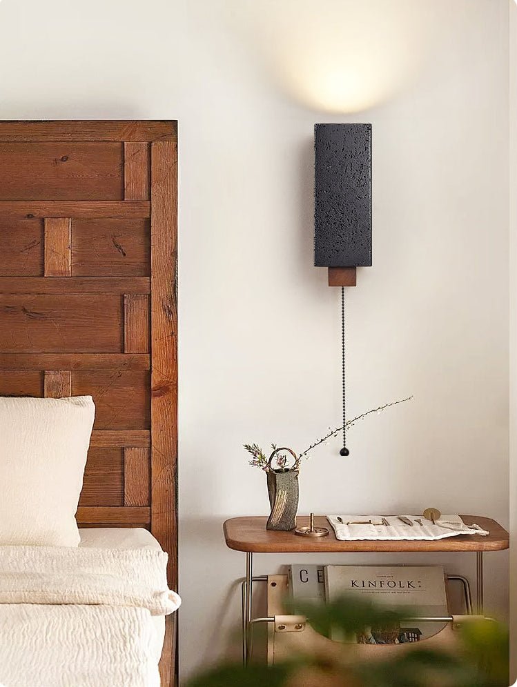 Obsidian Glow Wall Sconce — Black Travertine & Walnut Geometric Wall Light