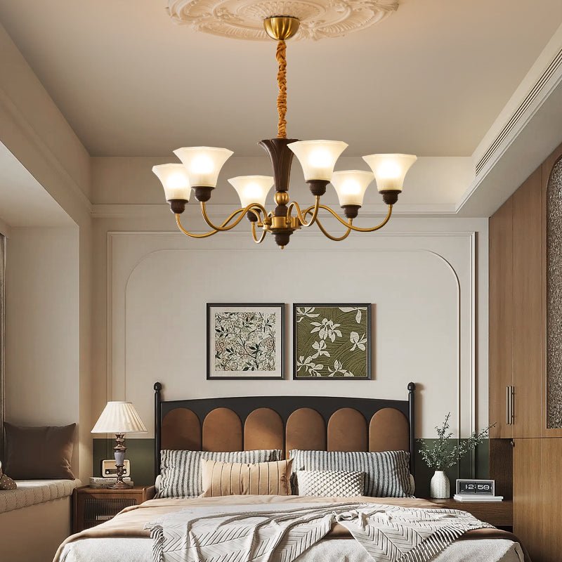 Octavia Modern Wood and Glass Chandelier, Eight-Light Gold Accent Pendant for Dining Room and Living Room