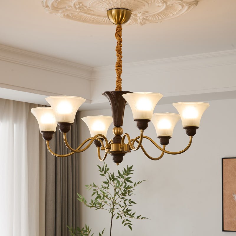 Octavia Modern Wood and Glass Chandelier, Eight-Light Gold Accent Pendant for Dining Room and Living Room
