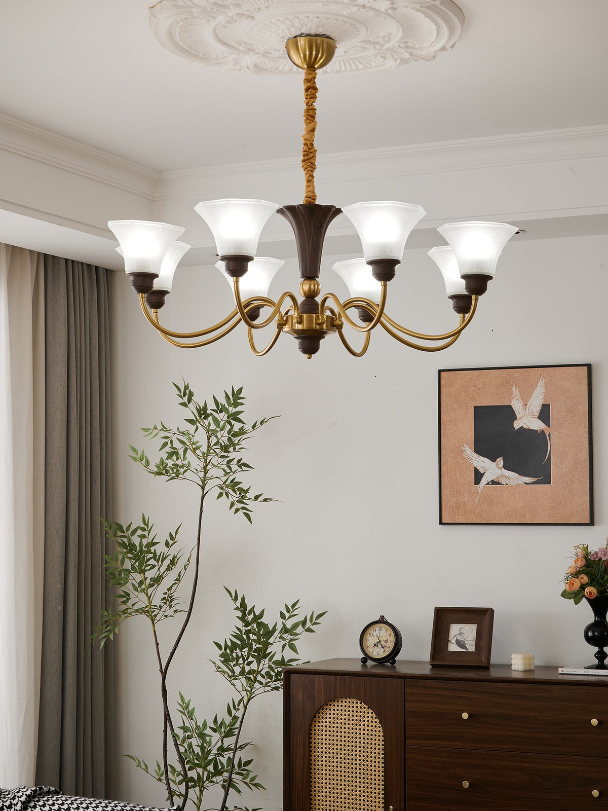 Octavia Modern Wood and Glass Chandelier, Eight-Light Gold Accent Pendant for Dining Room and Living Room