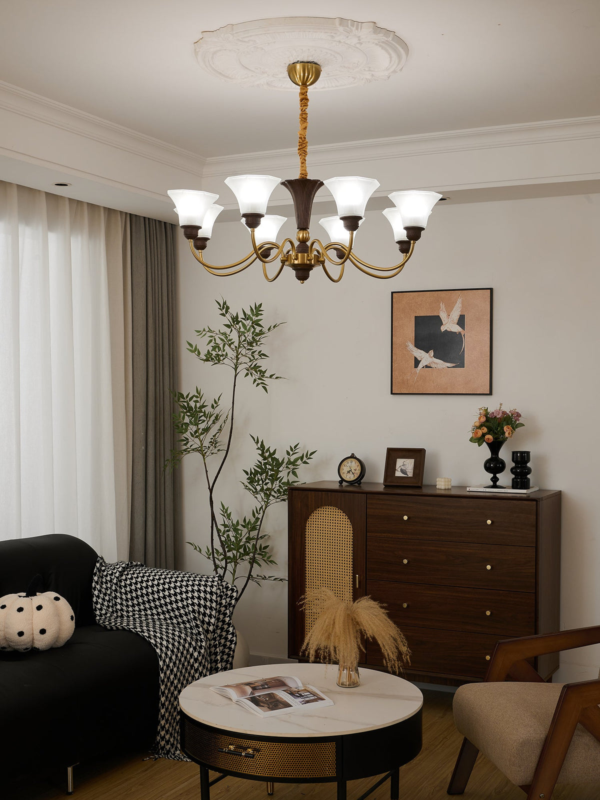 Octavia Modern Wood and Glass Chandelier, Eight-Light Gold Accent Pendant for Dining Room and Living Room