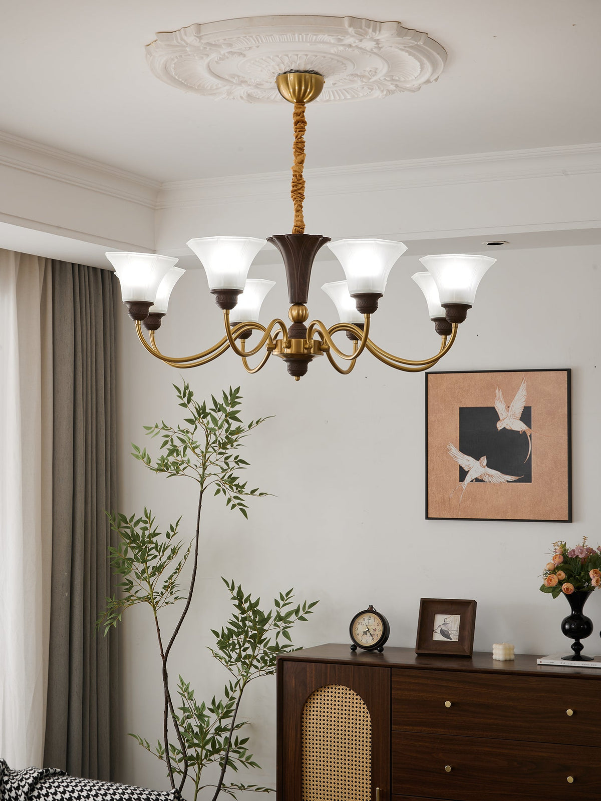 Octavia Modern Wood and Glass Chandelier, Eight-Light Gold Accent Pendant for Dining Room and Living Room