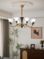 Octavia Modern Wood and Glass Chandelier, Eight-Light Gold Accent Pendant for Dining Room and Living Room
