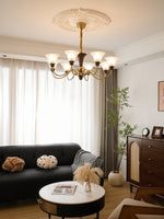 Octavia Modern Wood and Glass Chandelier, Eight-Light Gold Accent Pendant for Dining Room and Living Room