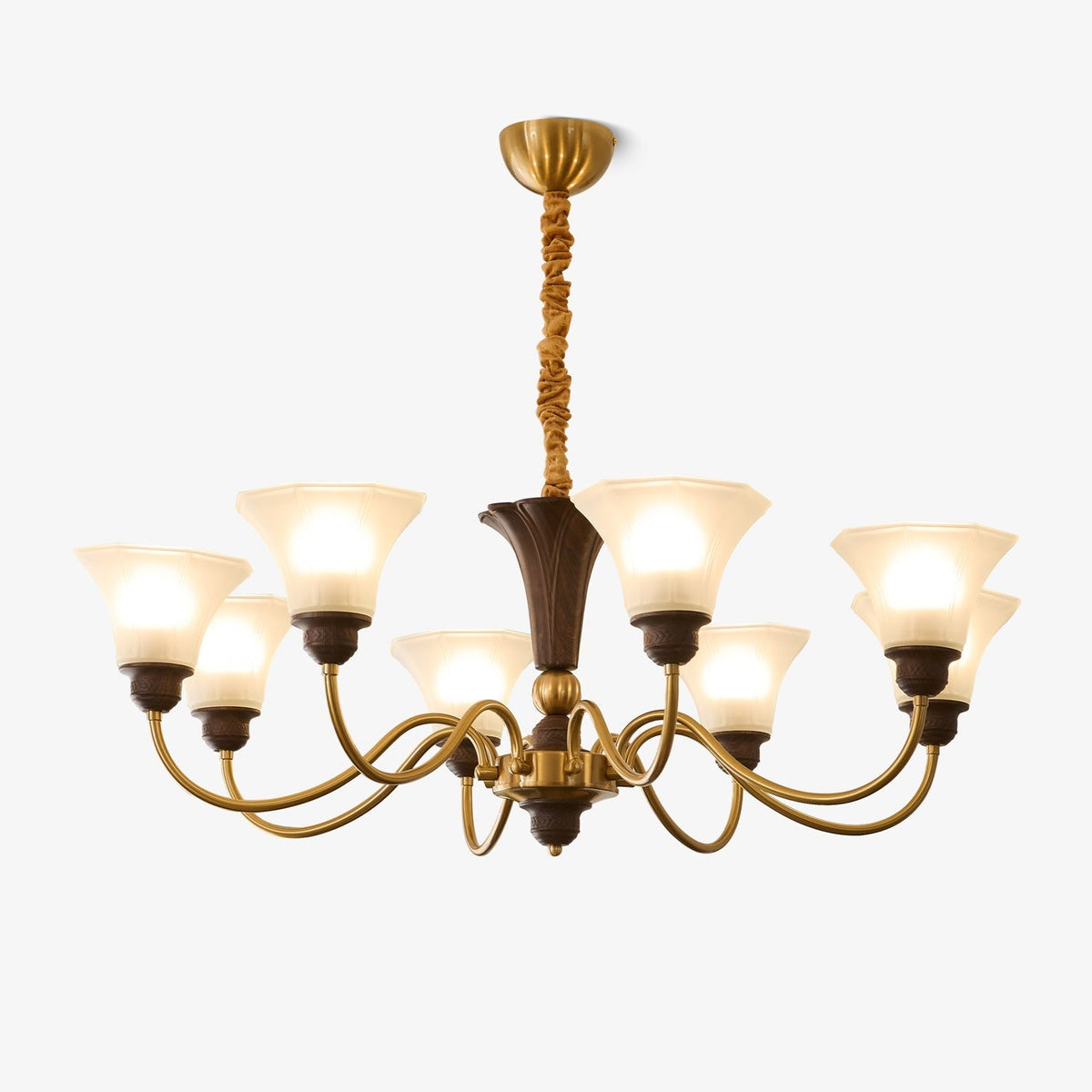 Octavia Modern Wood and Glass Chandelier, Eight-Light Gold Accent Pendant for Dining Room and Living Room