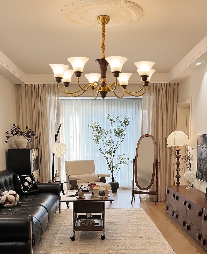Octavia Modern Wood and Glass Chandelier, Eight-Light Gold Accent Pendant for Dining Room and Living Room