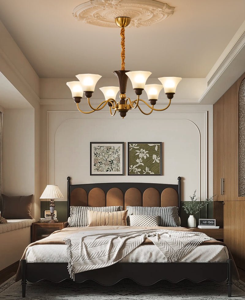 Octavia Modern Wood and Glass Chandelier, Eight-Light Gold Accent Pendant for Dining Room and Living Room